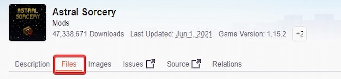 The files tab on the CurseForge page