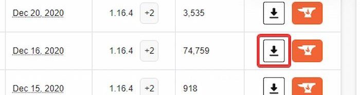 Game Versions and download button on the CurseForge website