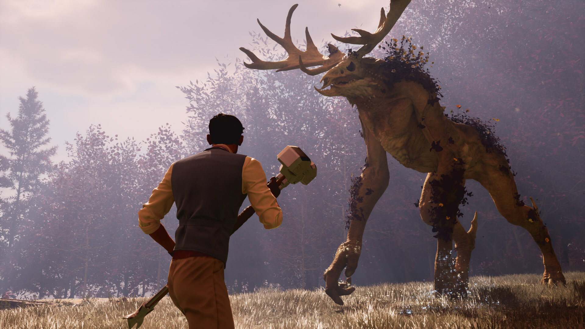 A player character facing a large, deer-like monster in a forest setting in Nightingale.