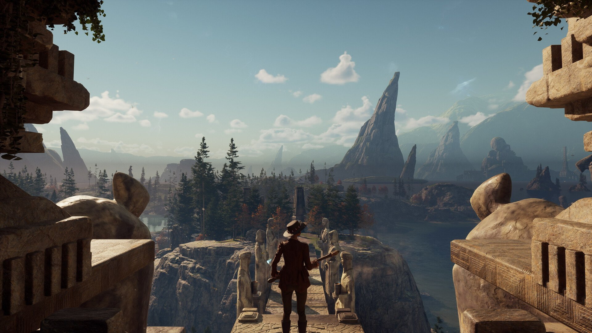 A character looking out over a vast, fantastical landscape in Nightingale.