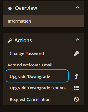 Opción Upgrade/Downgrade destacada en el menú de Acciones del panel de facturación de Apex Hosting