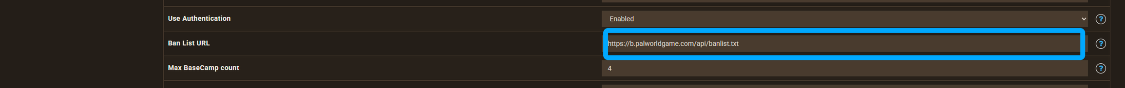 Ban List URL field on the Palworld Game Settings screen in the Apex Hosting panel