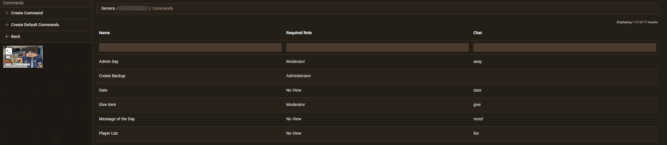 Preset in-game commands table on the Commands screen in the Apex Hosting panel, listing each command's required role