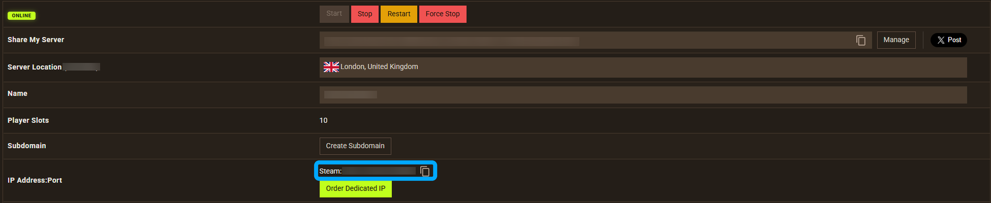 Status indicator, Restart controls, and IP Address:Port connection details on the Server Overview screen of the Apex Palworld panel