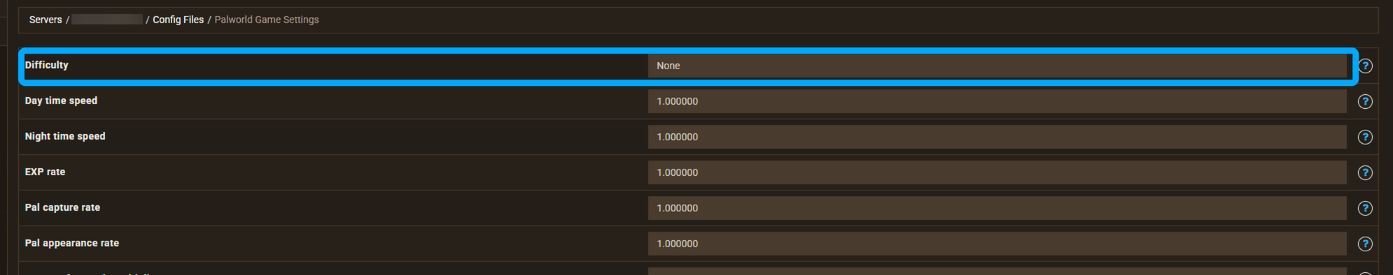 Difficulty field highlighted at the top of the Palworld Game Settings screen