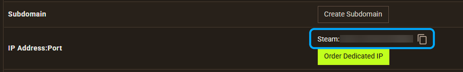 IP Address:Port connection address and copy icon highlighted on the Apex Server Overview screen