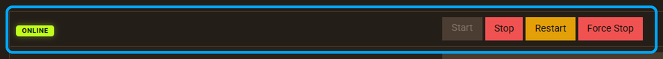 Start, Stop, Restart, and Force Stop server power controls highlighted on the Apex Server Overview screen