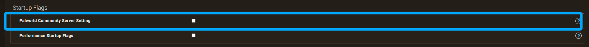 Palworld Community Server Setting toggle highlighted in the Startup Flags section of the Apex Customizations screen