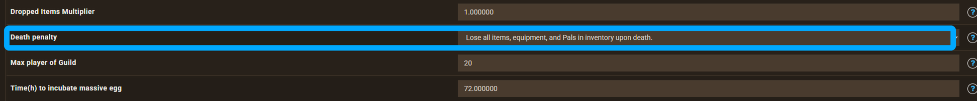 Death penalty field highlighted in the Palworld Game Settings editor on the Apex panel