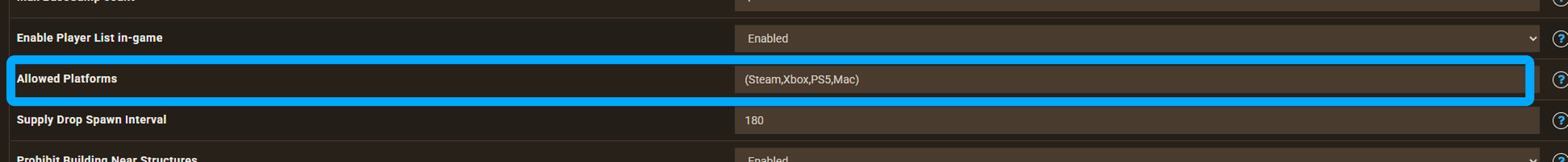 Allowed Platforms field highlighted in the Palworld Game Settings editor of the Apex panel, listing Steam, Xbox, PS5, and Mac