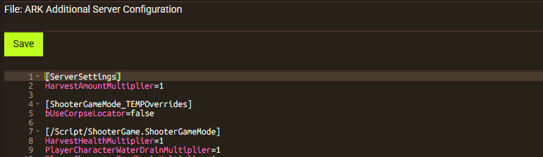 El editor Configuración Adicional del Servidor ARK en el panel de Apex, mostrando el encabezado Script ShooterGame ShooterGameMode donde se pegan las líneas de PerLevelStatsMultiplier
