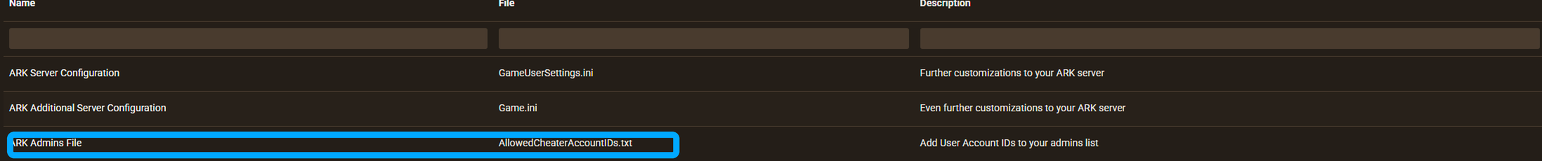 Die Liste der Konfigurationsdateien für einen ARK: Survival Ascended Server im Apex-Panel mit hervorgehobener Zeile ARK Admins-Datei