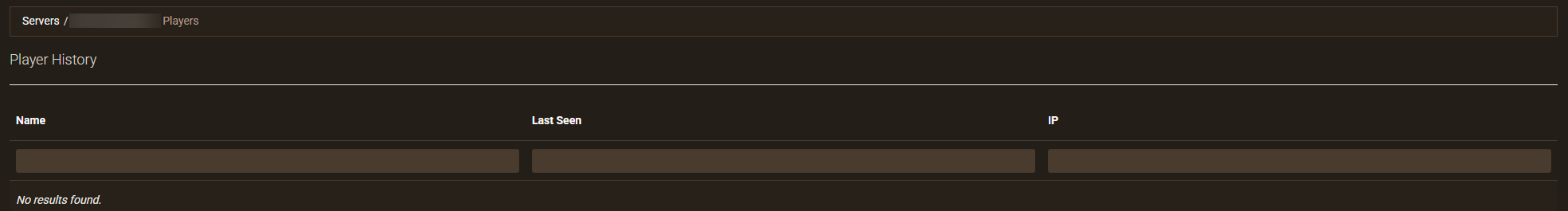 Apex Hosting Player History screen with search fields for name, last seen date, and IP address