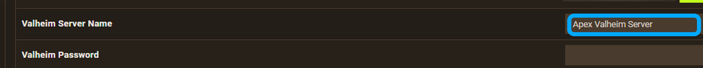 Campo Valheim Server Name destacado en la página Server Overview del panel de Apex