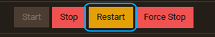 Botón Restart destacado en la vista general del servidor Valheim en el panel de Apex