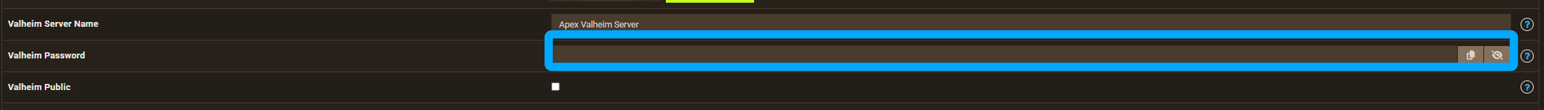 Campo Valheim Password destacado en la página Server Overview del panel de Apex