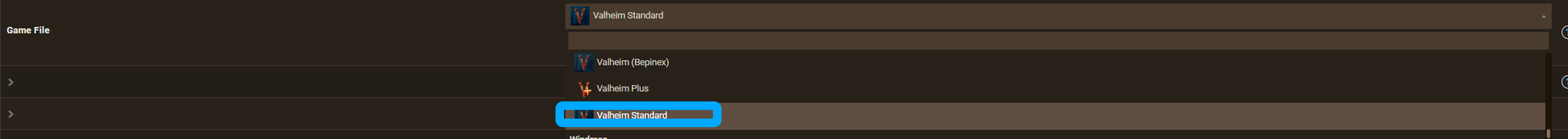 Valheim Standard highlighted in the Game File dropdown of the Apex panel