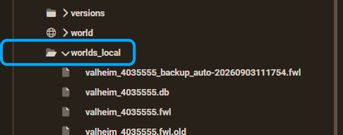 worlds_local folder expanded in the Apex FTP File Access file tree, showing the Valheim world save files