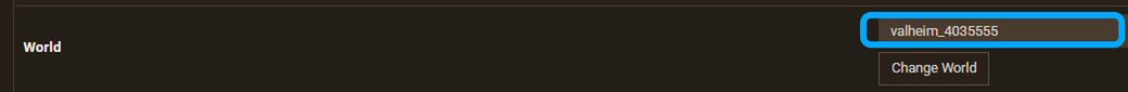 World field and Change World button on the Valheim Server Overview page of the Apex panel